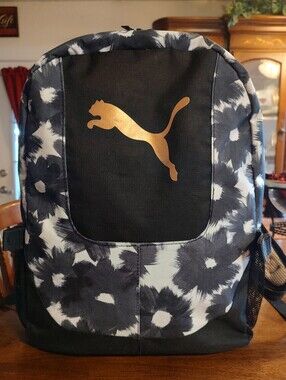 Puma Black & White Floral Backpack with Gold Logo And Pink Accents